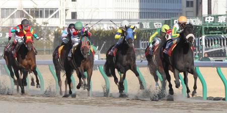 　他馬を引き離し、ゴールへ向かうニホンピロアワーズ（右端）