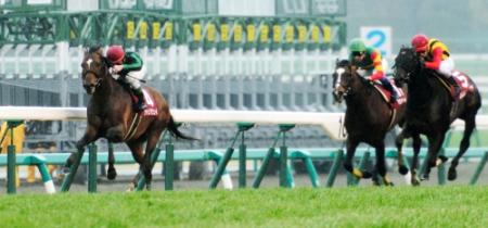 中山記念を制したジャスタウェイ（左）＝撮影・三好信也