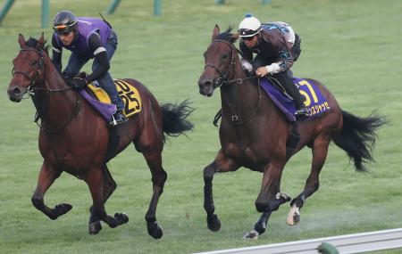 　北村宏を背にバウンスシャッセ（右）は函館芝で牡馬顔負けの馬体を誇示
