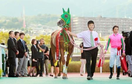 なんで２番人気だったの？とばかりに客席を見るヌーヴォレコルト＝阪神競馬場（撮影・石湯恒介）