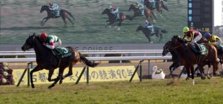 ルージュバック（左）は直線で抜け出しきさらぎ賞を制する＝京都競馬場（撮影・山口　登）