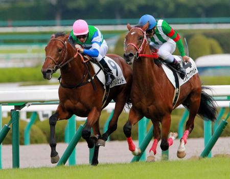 最内から抜けだすメイケイレジェンド（左）＝阪神競馬場（撮影・石湯恒介）