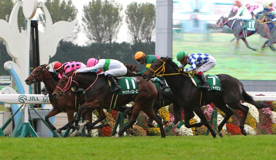 キャンディバローズ（中央）はゴール前の激しい叩き合いでファンタジーＳを制した＝京都競馬場（撮影・山口登）