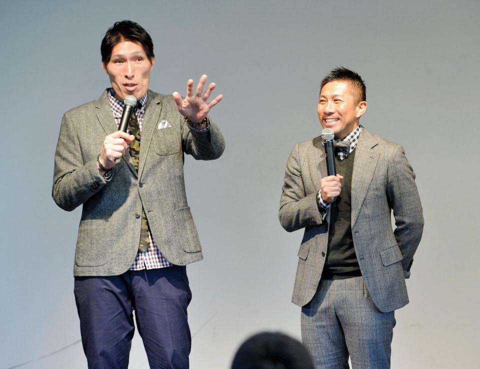 トークショーを行った篠原信一（左）と前園真聖＝京王閣（撮影・棚橋慶太）