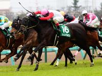 中山牝馬Ｓを制したシュンドルボン（手前）奥の１番人気のルージュバックは左前足落鉄の影響か２着に終わる＝中山競馬（撮影・三好信也）