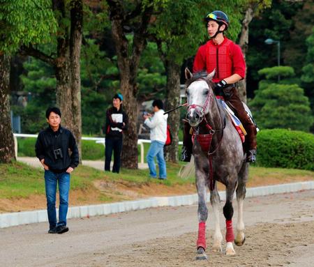 松永幹夫師（左端）のチェックを受けながら運動するラニ＝栗東トレセン（撮影・石湯恒介）