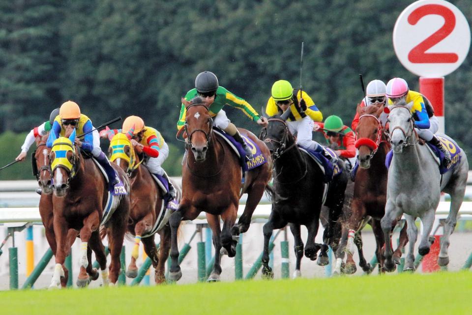　ルメールのステッキに応え力強く抜けだすサトノダイヤモンド（中央）＝撮影・石湯恒介