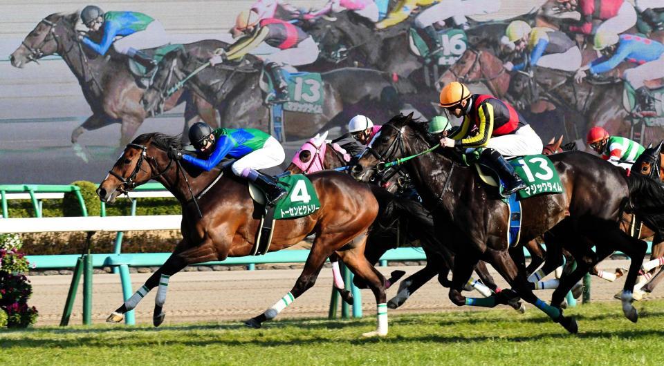 マジックタイムの猛追を退け中山牝馬Ｓを制したトーセンビクトリー（左）＝中山競馬場（撮影・三好信也）