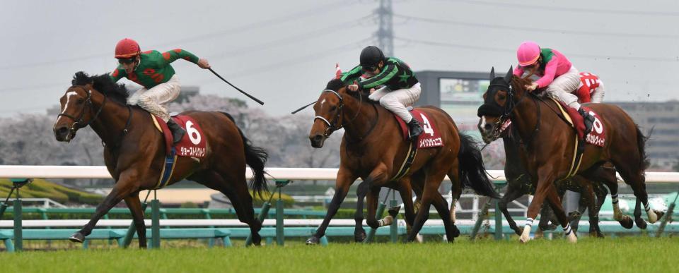 　直線抜け出しニュージーランドＴを制したジョーストリクトリ（左）