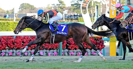 　タイムフライヤーの馬上でガッツポーズを見せるＣ・デムーロ
