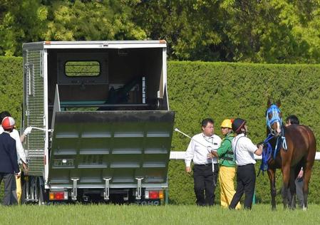 ゴール後、故障のため馬運車に乗せられ引き上げるレインボーライン