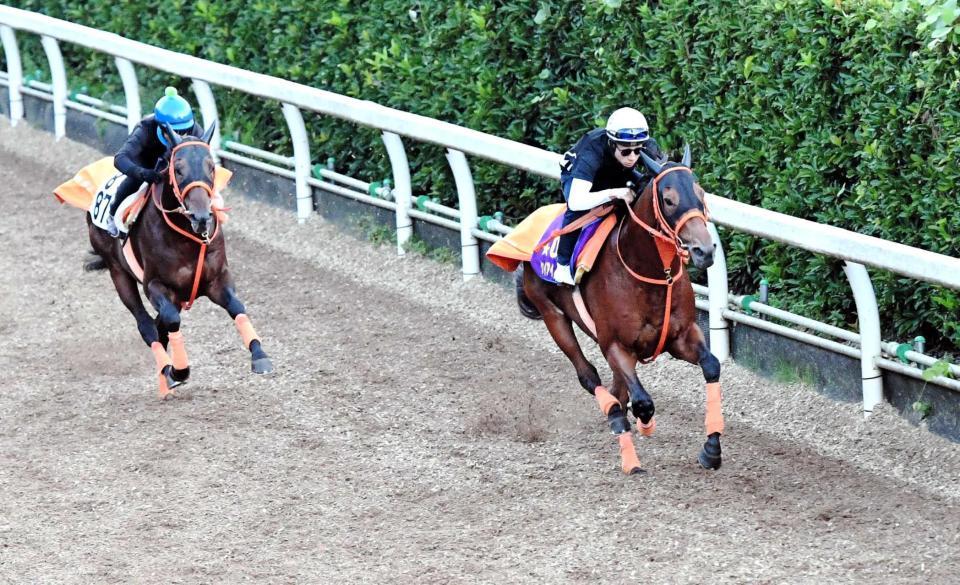 　栗東坂路で併走馬をぶっち切ったケイアイノーテック（右）