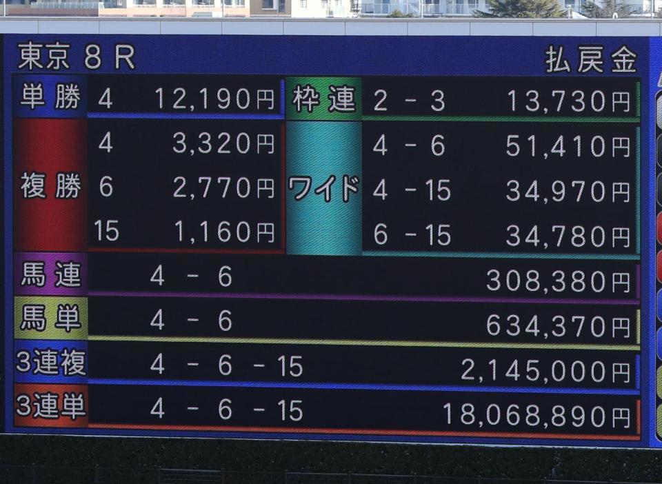 １０日東京８Ｒで１８００万馬券出た！ ＪＲＡ史上８位の高配当 的中は８票/競馬・レース/デイリースポーツ online