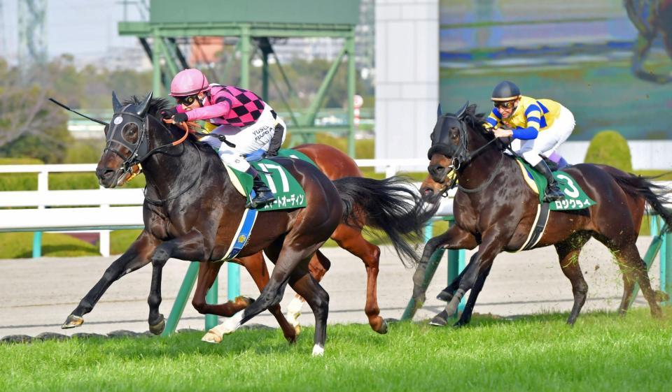 道中最後方から、直線一気で鮮やかに差し切るスマートオーディン（左）＝阪神競馬場（撮影・石湯恒介）