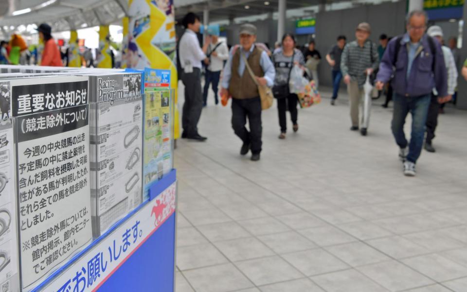 競走除外を知らせるチラシ＝阪神競馬場（撮影・石湯恒介）