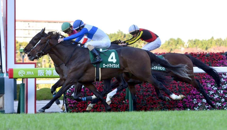 チャレンジカップを制したロードマイウェイ（手前）＝阪神競馬場（撮影・佐藤厚）