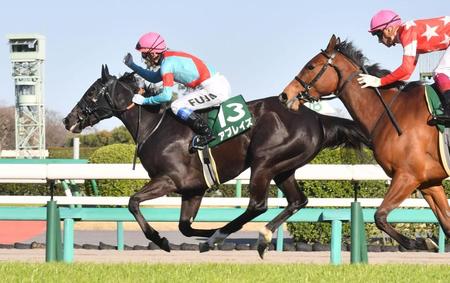 フラワーカップを制したアブレイズ（左）とガッツポーズをする藤井勘一郎騎手＝中山競馬場（撮影・園田高夫）