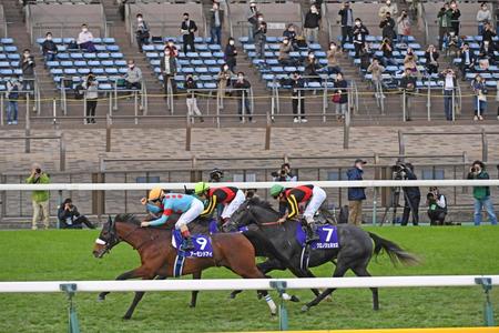 　天皇賞秋を制し、史上最多芝Ｇ１・８勝目の栄冠に輝いたアーモンドアイ（左）。ルメール騎手もガッツポーズで喜び、観戦したファンも拍手を送った