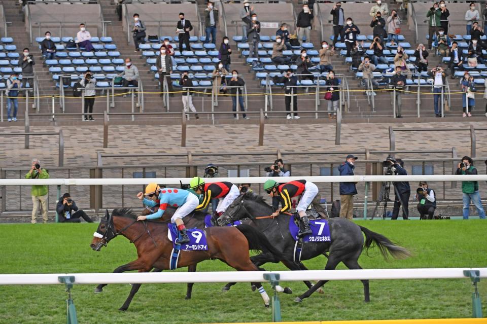 　天皇賞秋を制し、史上最多芝Ｇ１・８勝目の栄冠に輝いたアーモンドアイ（左）。ルメール騎手もガッツポーズで喜び、観戦したファンも拍手を送った