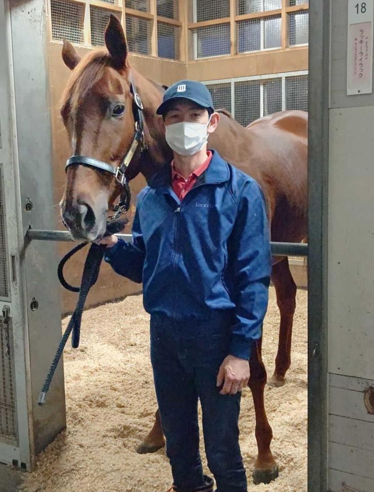 　馬房でリラックスするラッキーライラックと丸内助手