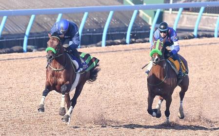 　美浦Ｗでの併せ馬でブラストワンピース（左）は力強い走り