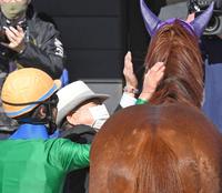 中山８Ｒ、定年で最後の出走馬となったカイアワセが勝利し優しいまなざしでねぎらう星野忍調教師（奥）＝中山競馬場（撮影・三好信也）