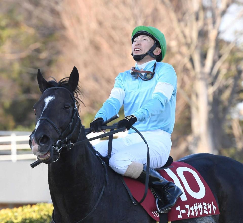 　最後の騎乗を終えて天を見上げる蛯名（撮影・三好信也）