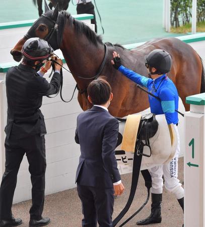 　小倉８Ｒで１着のサマービートをねぎらう四位師（中）と藤岡騎手（右）＝小倉競馬場