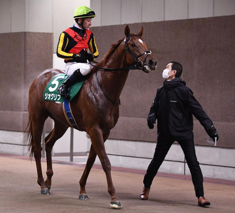 　２着に終わったジオグリフと木村哲也調教師（右）＝東京競馬場（撮影・園田高夫）