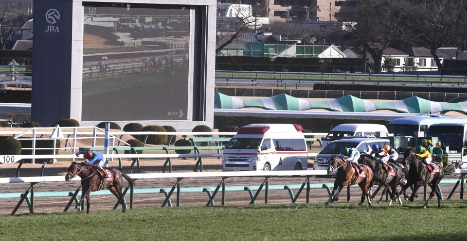 　逃げ切りＶを決めたパンサラッサ（左）＝撮影・園田高夫