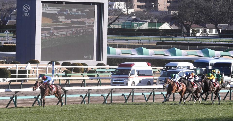 　逃げ切りＶを決めたパンサラッサ（左）＝撮影・園田高夫