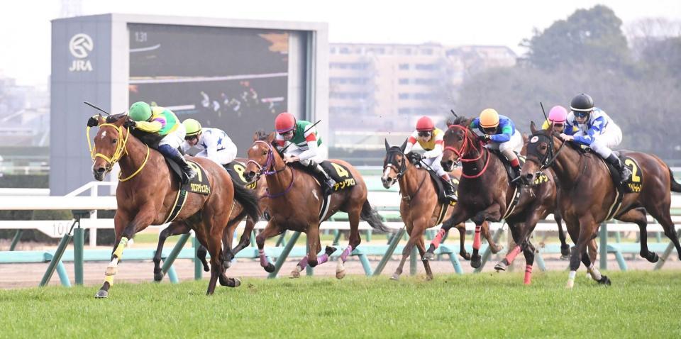 　力強く抜け出したクロスマジェスティ（左端）＝撮影・園田高夫