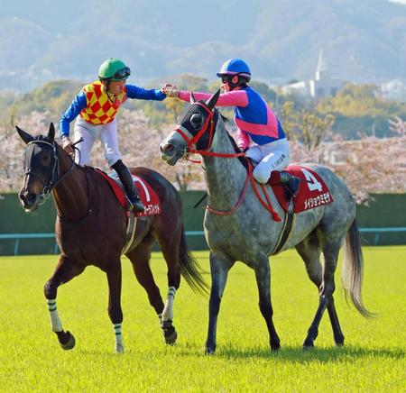 　馬上で岩田望（左）とグータッチを交わす鮫島駿（撮影・石湯恒介）