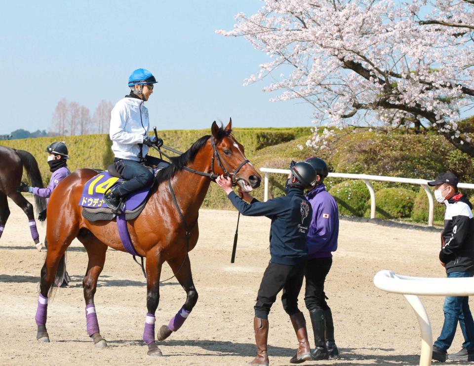 　咲き誇る桜の前で笑顔を見せる武豊とドウデュース