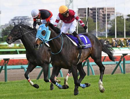 　完勝したオジュウチョウサンと雄たけびを上げる石神（右）