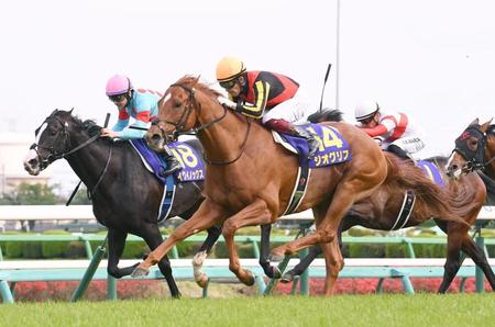 イクイノックス（左）をかわし皐月賞を制したジオグリフ（撮影・園田高夫）