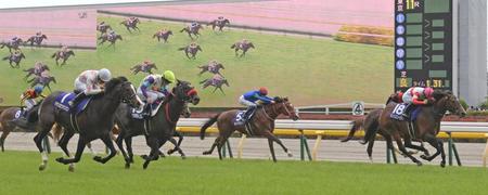 大外からマテンロウオリオン（左）の猛追をかわしＮＨＫマイルＣを制したダノンスコーピオン（右）＝撮影・三好信也