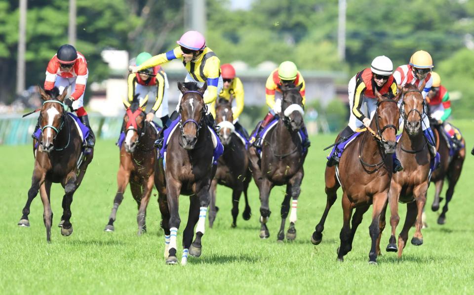 　スターズオンアースでオークスを制しガッツポーズのルメール（左から３頭目）＝撮影・三好信也