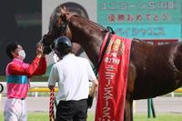 　ユニコーンＳを制したペイシャエスの鼻を撫でる菅原明