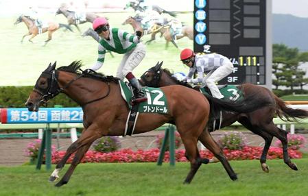 　差し切ったブトンドールとガッツポーズをする鮫島駿（撮影・三好信也）