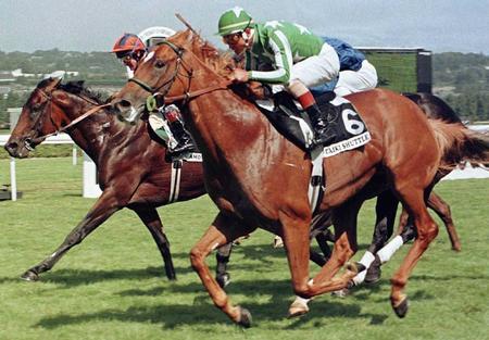 　９８年のジャックルマロワ賞を制覇した岡部騎乗のタイキシャトル（手前）＝共同