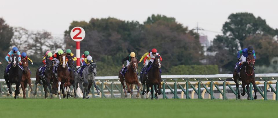 　大逃げするパンサラッサ（右端）。左端はイクイノックス