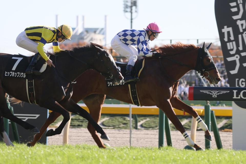 ヒップホップソウルを振り切り、ベゴニア賞を制したシャンパンカラー（右）＝東京競馬場