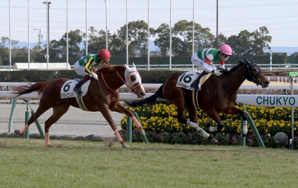 　メイクデビュー中京を制したイーガン騎乗のハートループ（右）