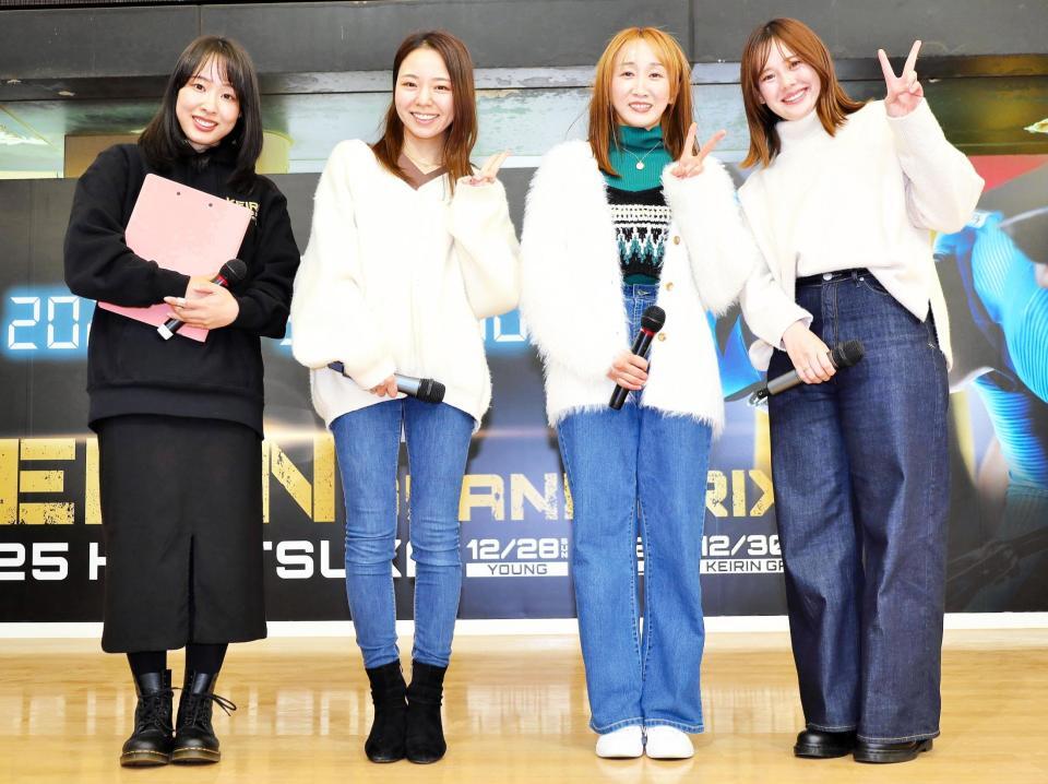 　平塚競輪で行われたトークショーに出演した（左から）ＭＣの高木真備さん、大山千広、藤本梨恵、高木佑真