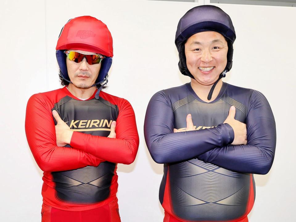 防府競輪でお笑いショー＆予想会に出演したどりあんずの堤太輝（左）と平井俊輔