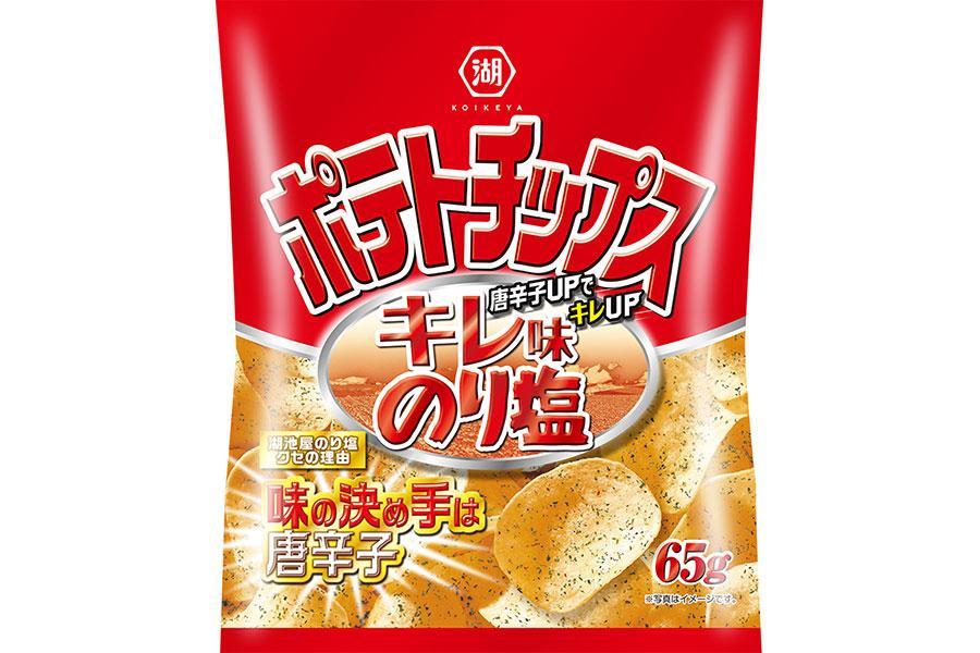 　真っ赤なデザインで、パッケージからも唐辛子を思わせる「ポテトチップス　キレ味のり塩」（１３８円前後・税別、６５ｇ）