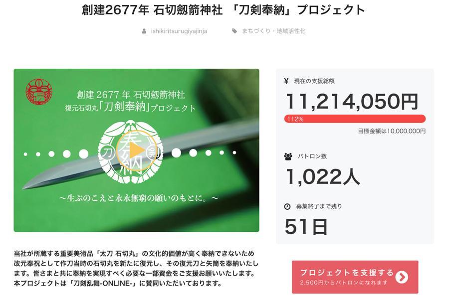 　開始から４時間弱で目標金額を達成した、創建２６７７年 石切劔箭神社 「刀剣奉納」プロジェクト（２６日１８時時点のスクリーンショット）