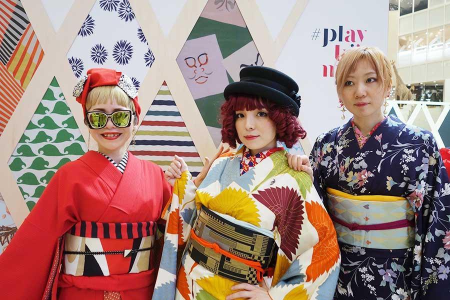 　3月27日から始まる着物イベント『＃ｐｌａｙ ｋｉｍｏｎｏ』。（写真左から）出展者のフルサワケエコさん、川原マリアさん、高島衣代さん