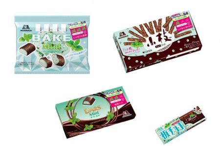 ５月１４日発売「ベイク〈ミント〉」（１３８円）、「ダース〈ミント〉」（１５７円）、「小枝〈チョコミント〉」（１９４円）